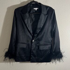 SINCERELY Jules women’s black satin jacket feather sleeves boho party Size S